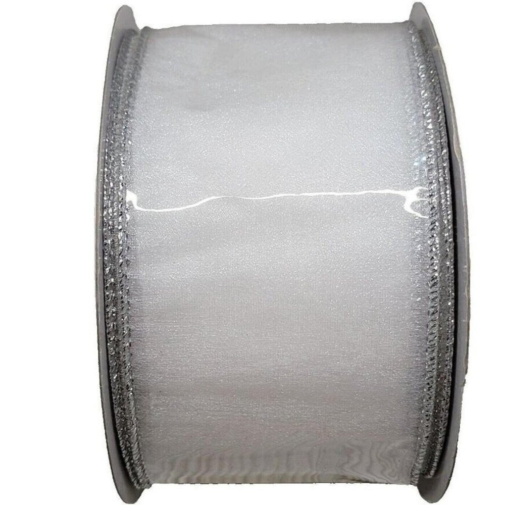 Tri-Mar Ribbon 2.5 Inch White Chiffon Silver Edged 25 Yards Sheer Metallic Trim